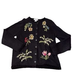 Vintage Ramie Cardigan Sz Medium Black Floral Knit Mature Grandmacore Bloomcore
